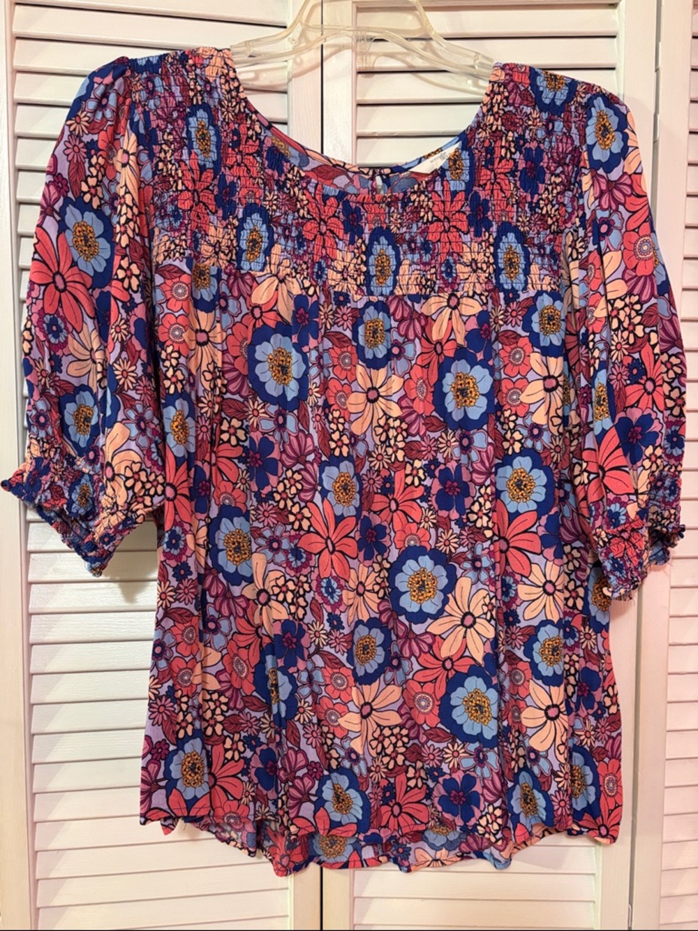 Sky Floral Smocked-Yoke Blouse in Pink & Blue